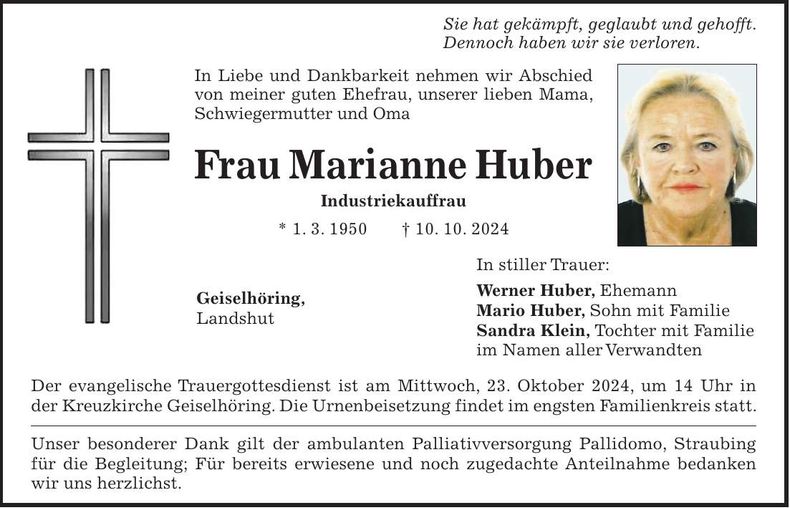Traueranzeige Marianne Huber