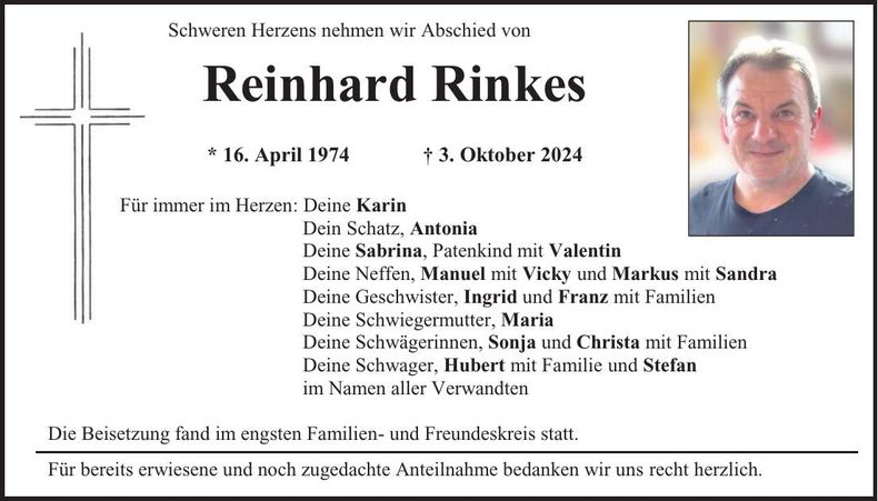Traueranzeige Reinhard Rinkes