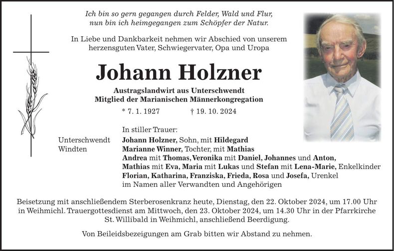 Traueranzeige Johann Holzner