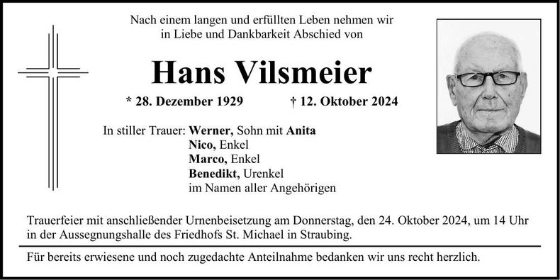 Traueranzeige Hans Vilsmeier