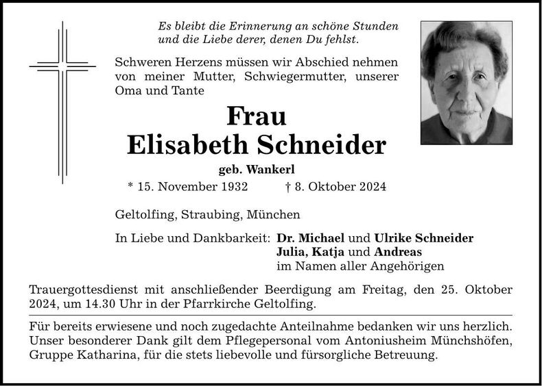 Traueranzeige Elisabeth Schneider