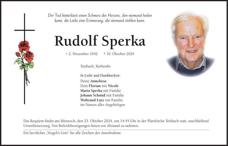 Traueranzeige Rudolf Sperka