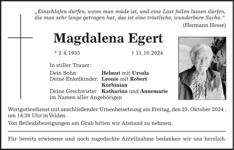 Traueranzeige Magdalena Egert
