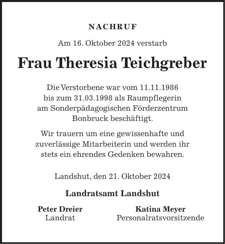 Traueranzeige Theresia Teichgreber