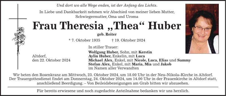 Traueranzeige Theresia Huber