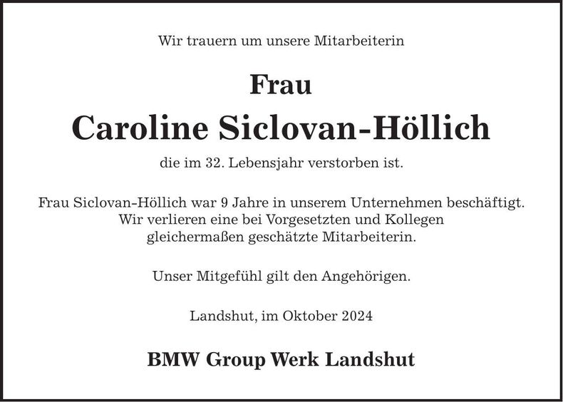 Traueranzeige Caroline Siclovan-Höllich
