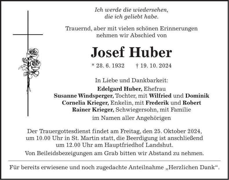 Traueranzeige Josef Huber