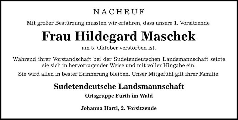 Traueranzeige Hildegard Maschek