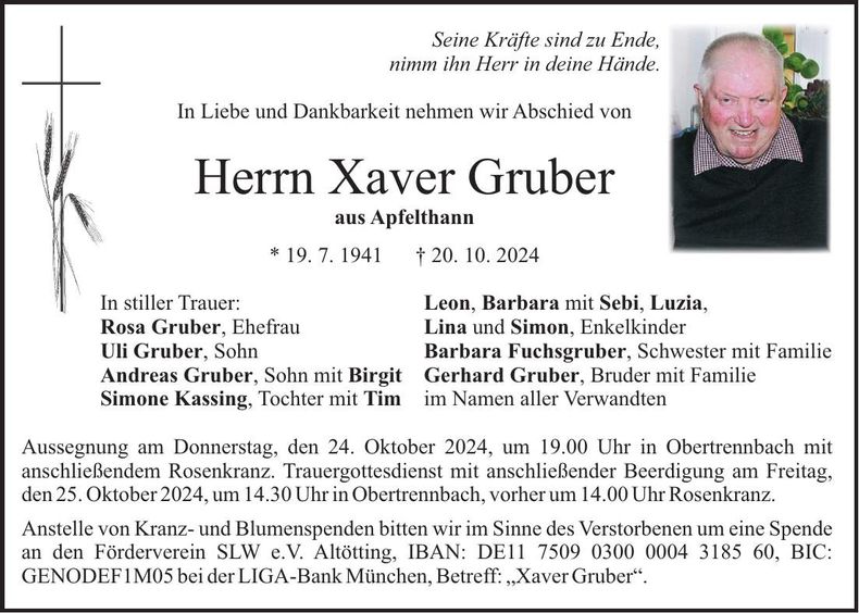 Traueranzeige Xaver Gruber