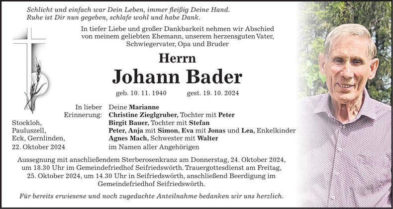 Traueranzeige Johann Bader