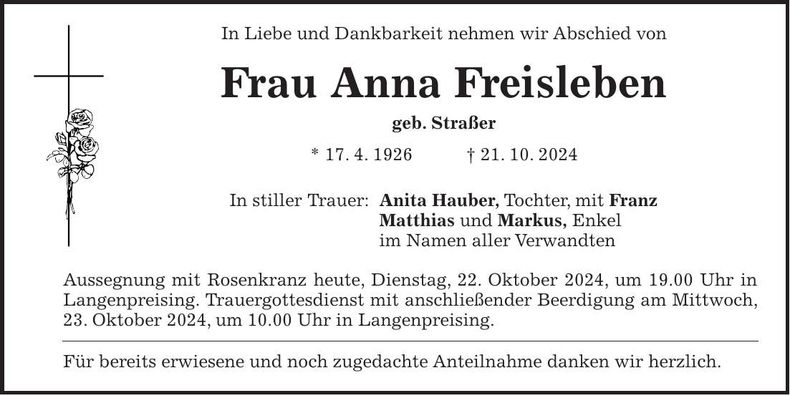 Traueranzeige Anna Freisleben