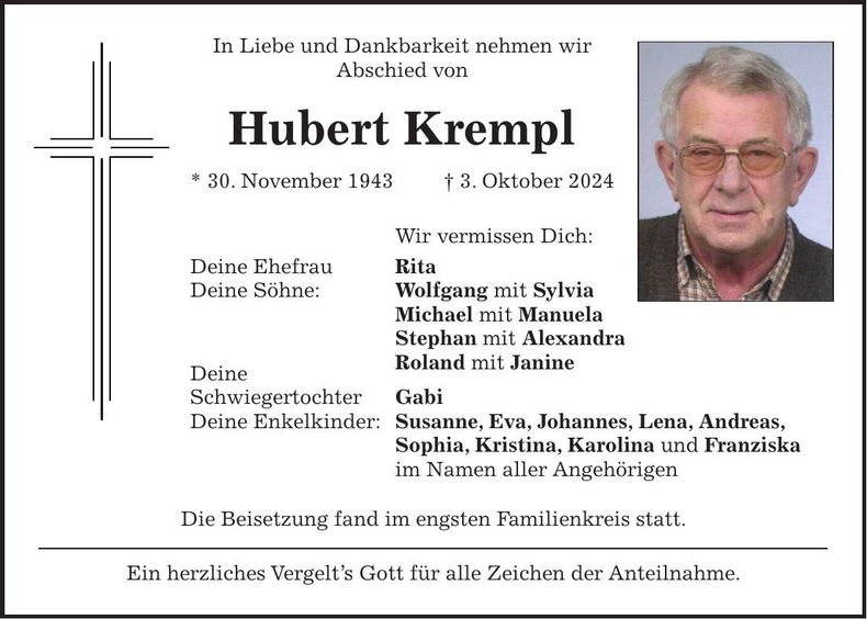 Traueranzeige Hubert Krempl