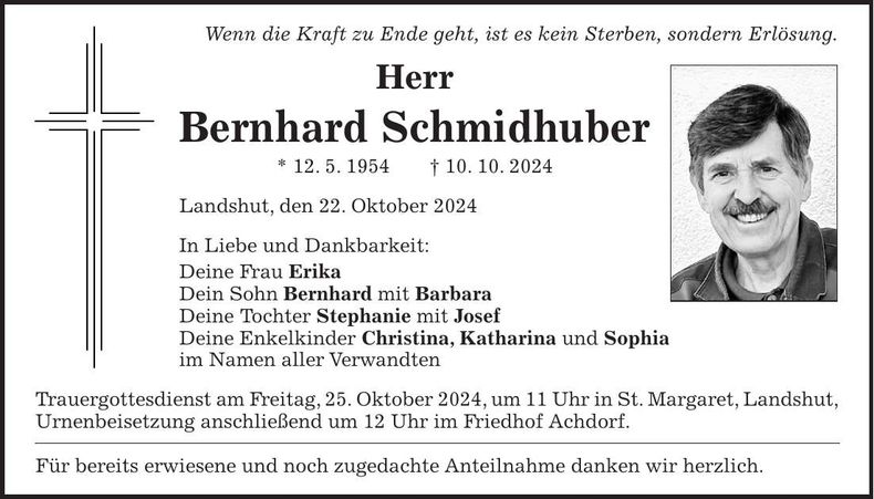 Traueranzeige Bernhard Schmidhuber