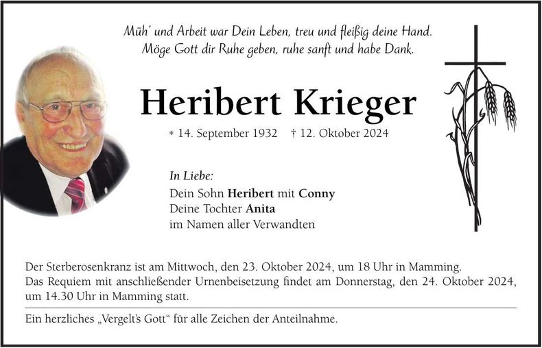 Traueranzeige Heribert Krieger