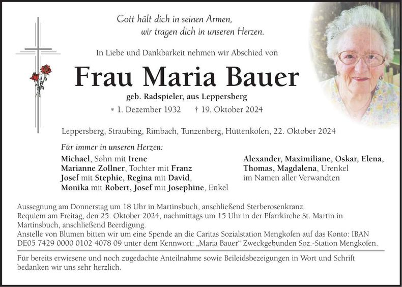 Traueranzeige Maria Bauer