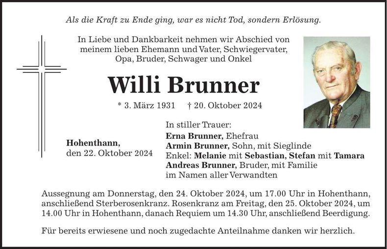 Traueranzeige Willi Brunner