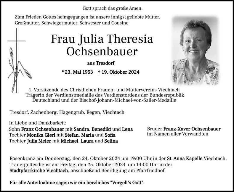Traueranzeige Julia Theresia Ochsenbauer