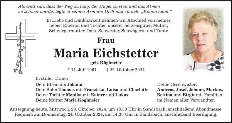 Traueranzeige Maria Eichstetter