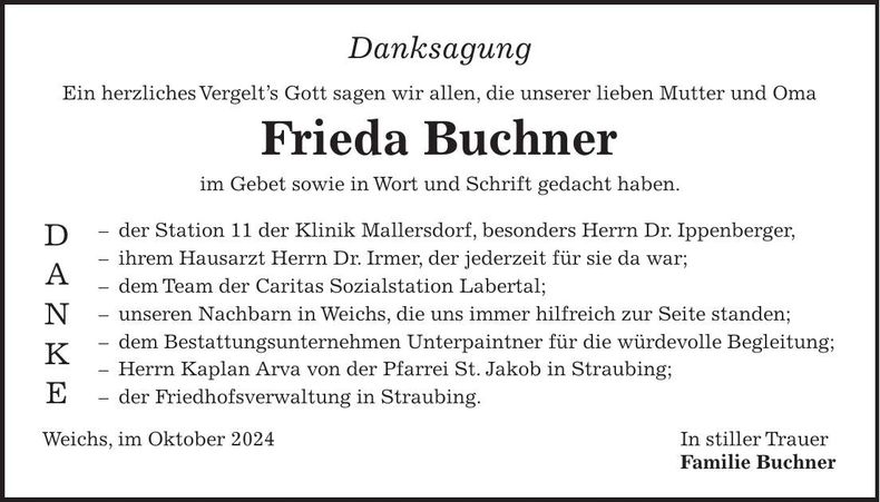 Traueranzeige Frieda Buchner