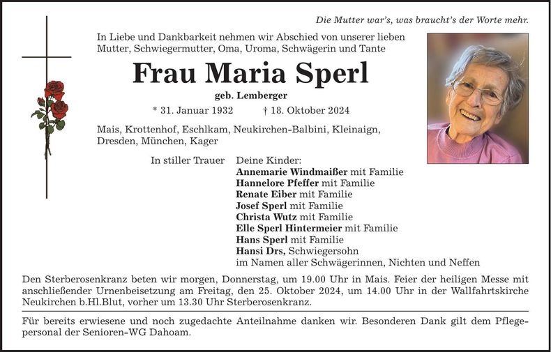 Traueranzeige Maria Sperl