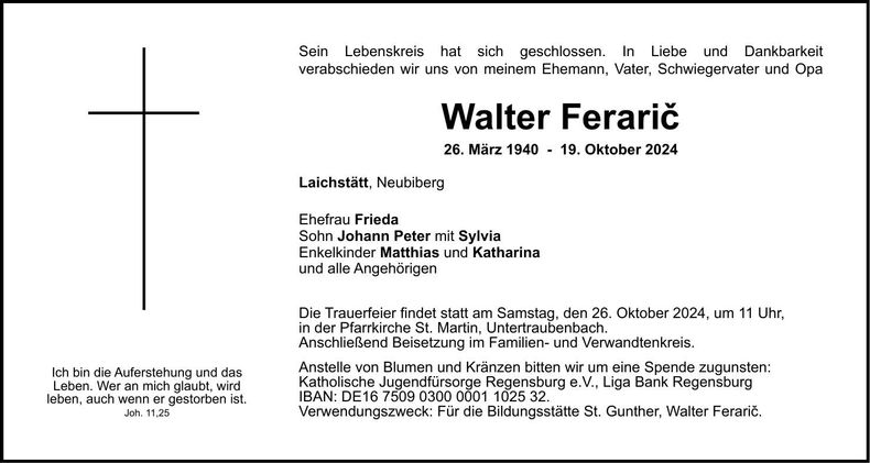 Traueranzeige Walter Feraric