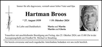 Traueranzeige Hartman Broos
