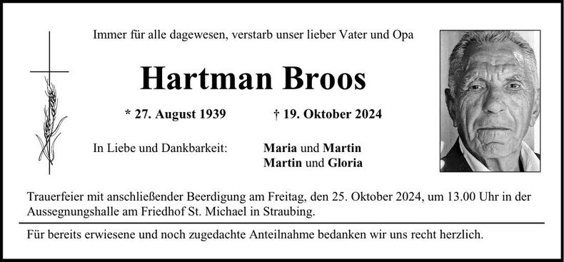 Traueranzeige Hartman Broos
