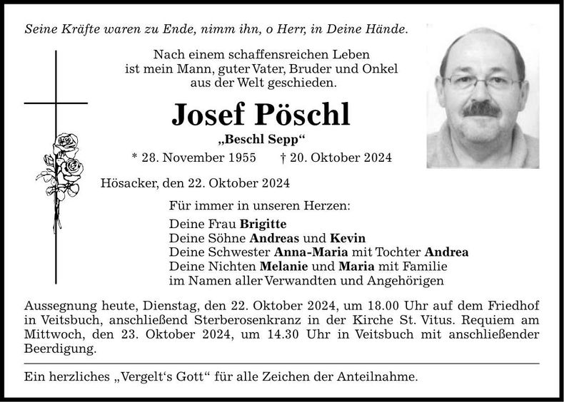 Traueranzeige Josef Pöschl