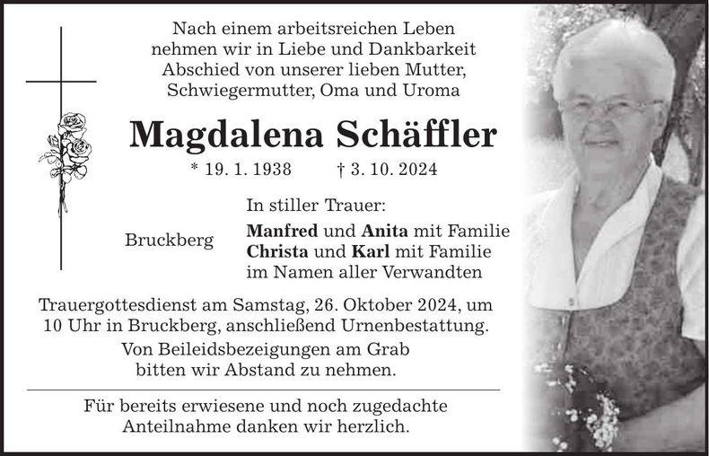 Traueranzeige Madgalena Schäffler
