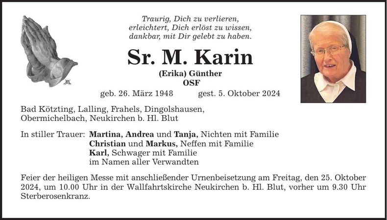 Traueranzeige Erika Sr. M Karin