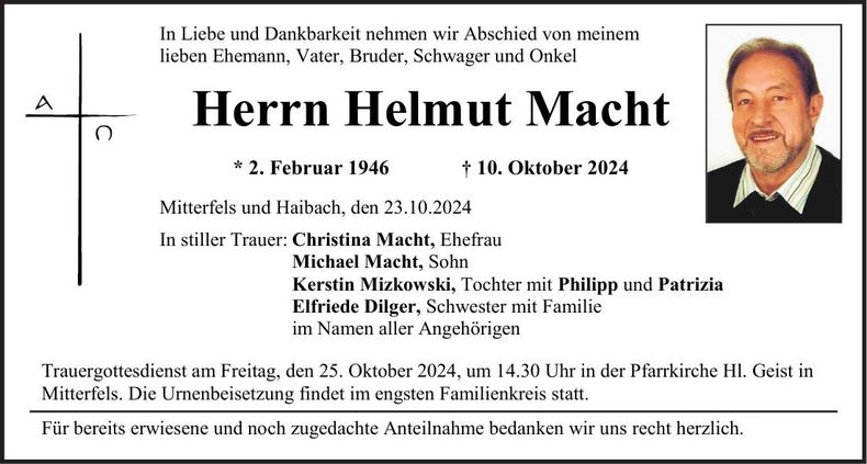 Traueranzeige Helmut Macht