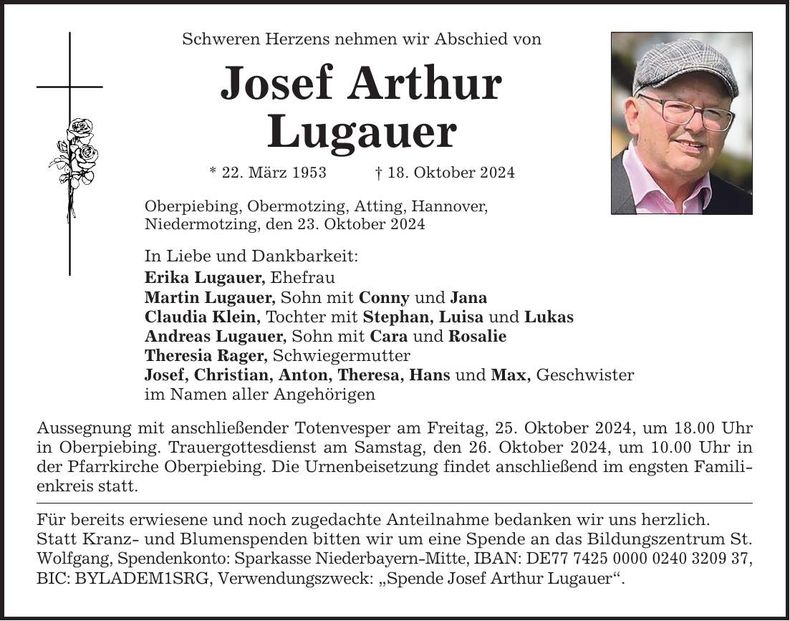 Traueranzeige Josef Arthur Lugauer