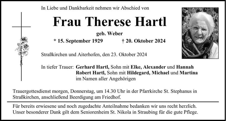 Traueranzeige Therese Hartl