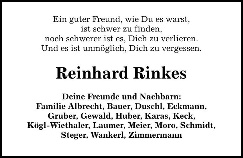 Traueranzeige Reinhard Rinkes
