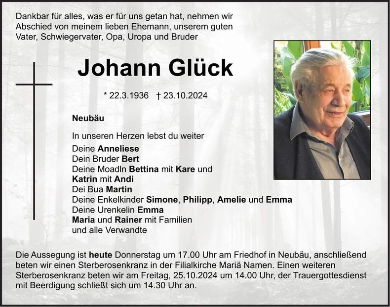 Traueranzeige Johann Glück