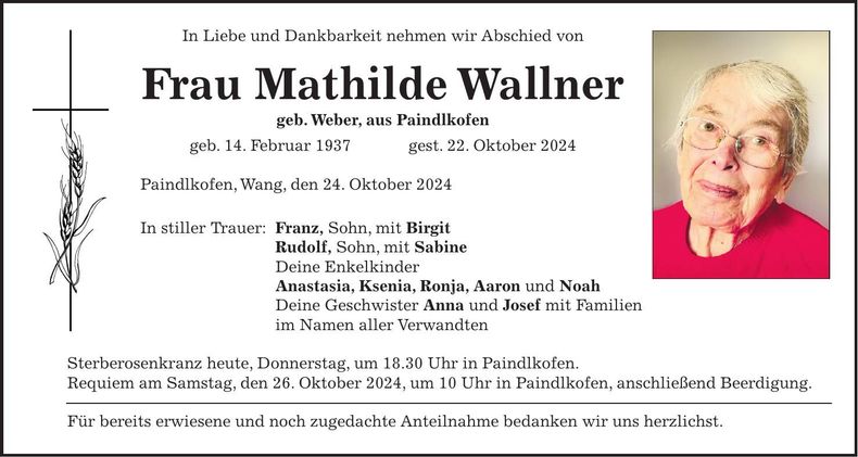 Traueranzeige Mathilde Wallner