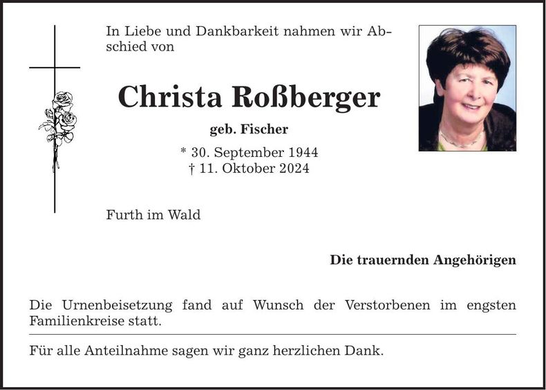 Traueranzeige Christa Roßberger