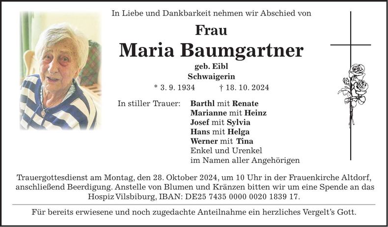 Traueranzeige Maria Baumgartner