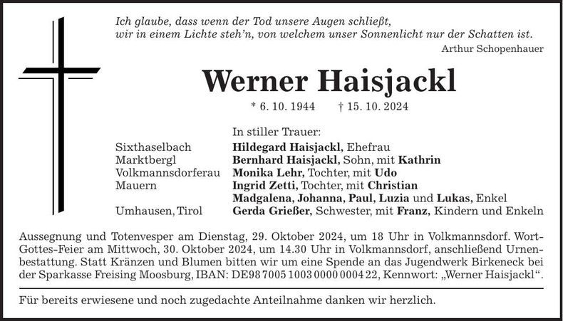 Traueranzeige Werner Haisjackl