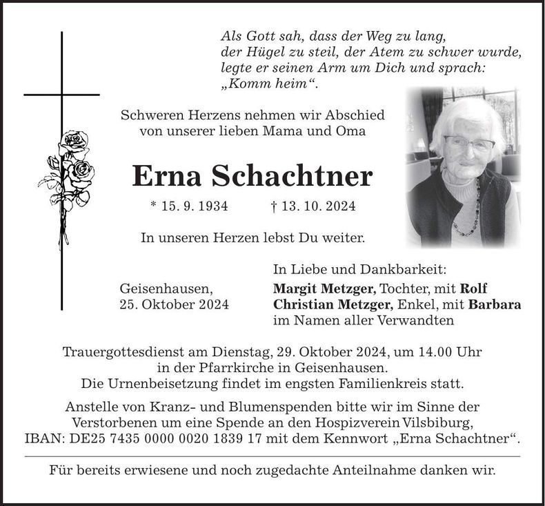Traueranzeige Erna Schachtner