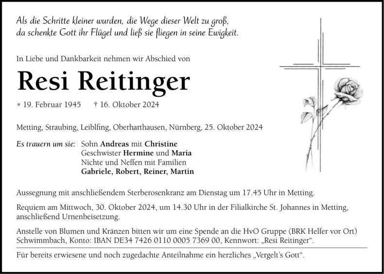 Traueranzeige Resi Reitinger