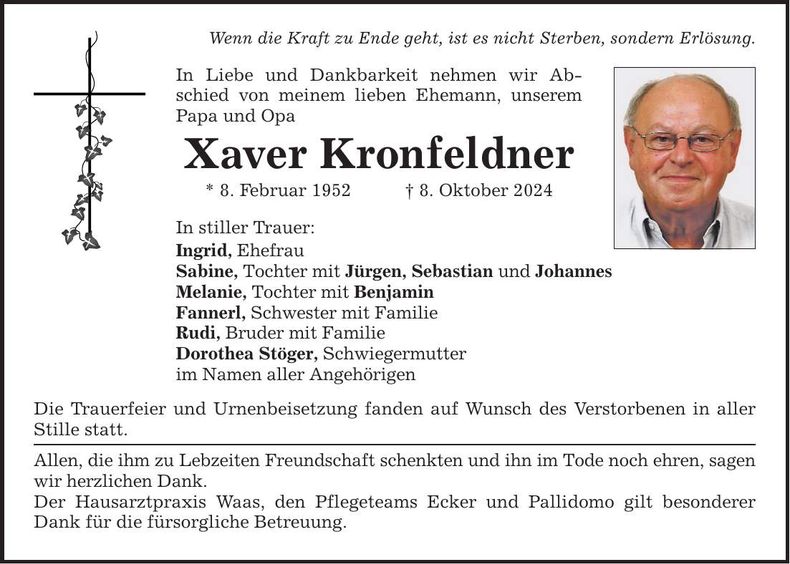 Traueranzeige Xaver Kronfeldner