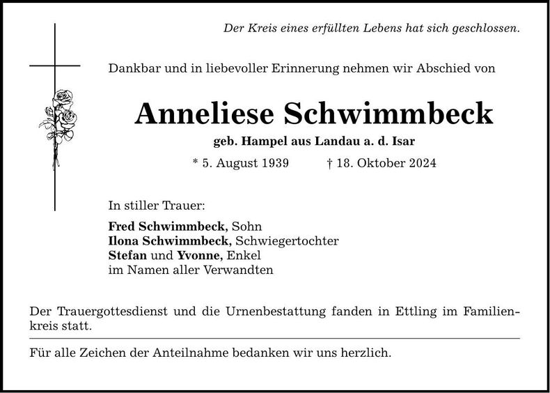 Traueranzeige Anneliese Schwimmbeck