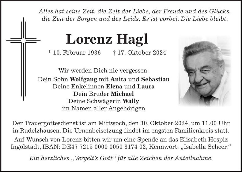 Traueranzeige Lorenz Hagl