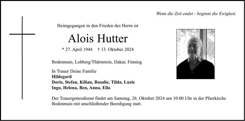 Traueranzeige Alois Hutter
