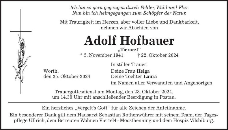 Traueranzeige Adolf Hofbauer