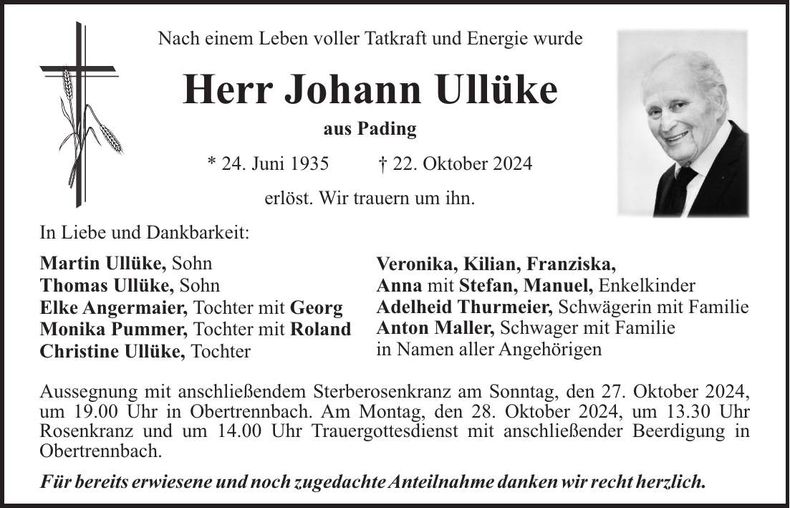 Traueranzeige Johann Ullüke