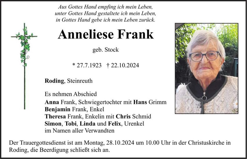 Traueranzeige Anneliese Frank
