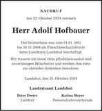Traueranzeige Adolf Hofbauer