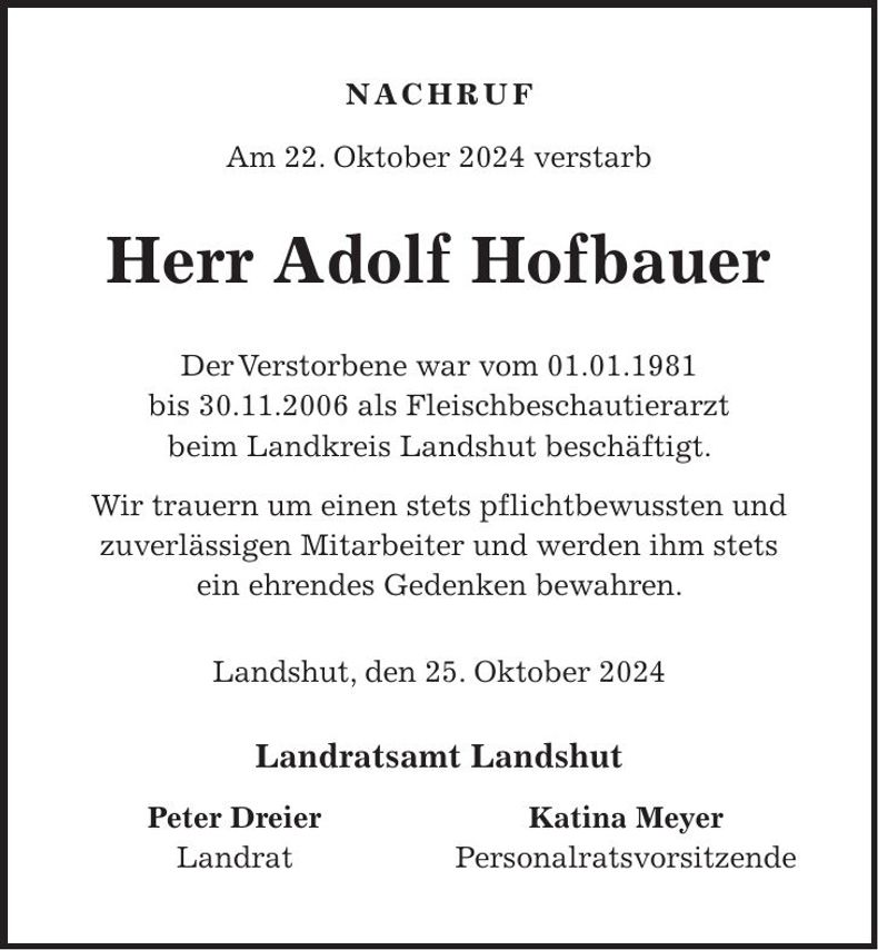 Traueranzeige Adolf Hofbauer